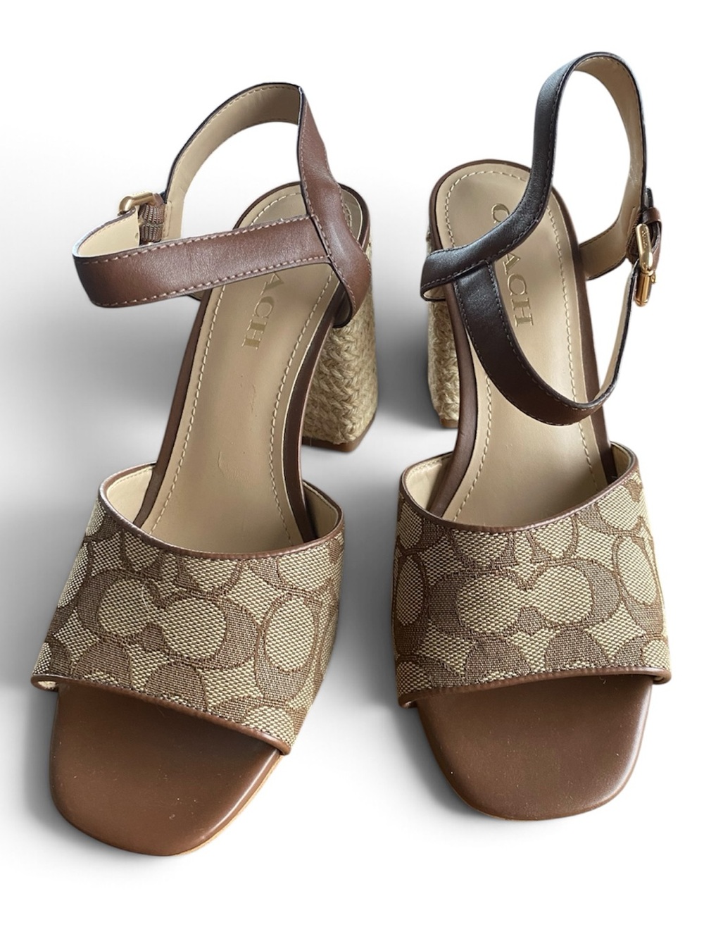 Coach Maddy Sandal Khaki Saddle Size 9 woven wedge New